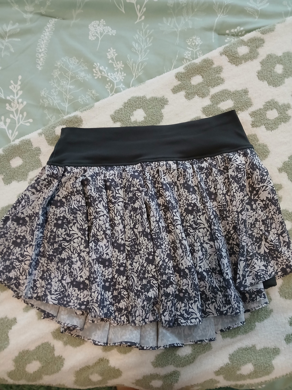 Black and White Floral A-Line Skirt with Stretch Waistband